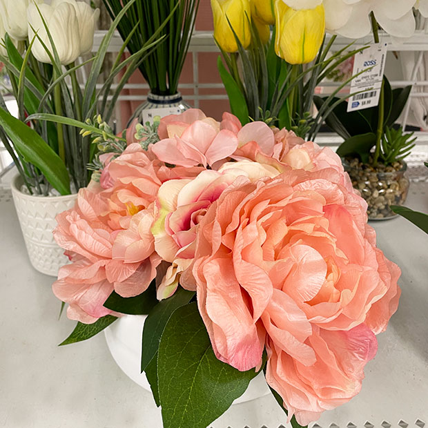 Coral pink faux flower arrangement, found in store at Ross.