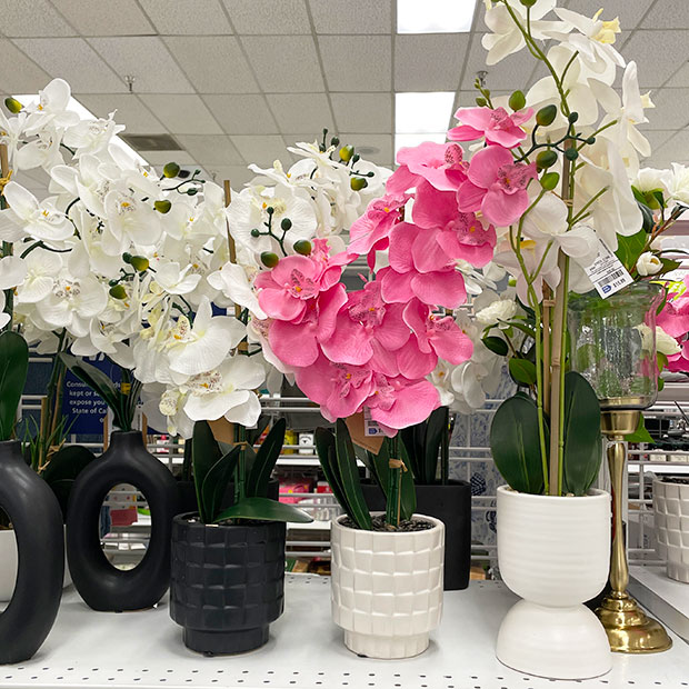 White and pink faux orchids in white and black vases, found in store at Ross.