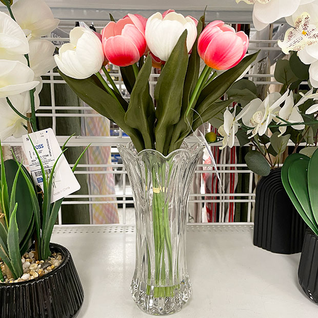 Faux pink and white tulips in clear vase, found in store at Ross.