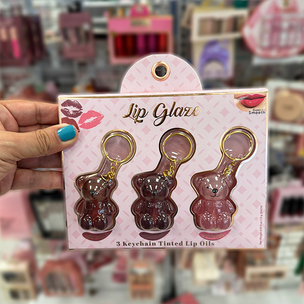 Three keychain bear shaped tinted lip oils found in store at Ross.