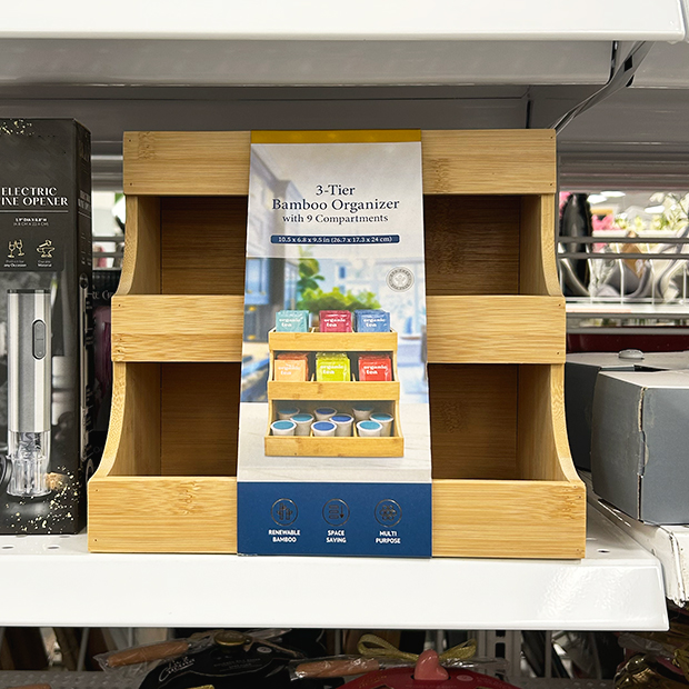 Three-tier bamboo organizer with nine compartments displayed in store at Ross.